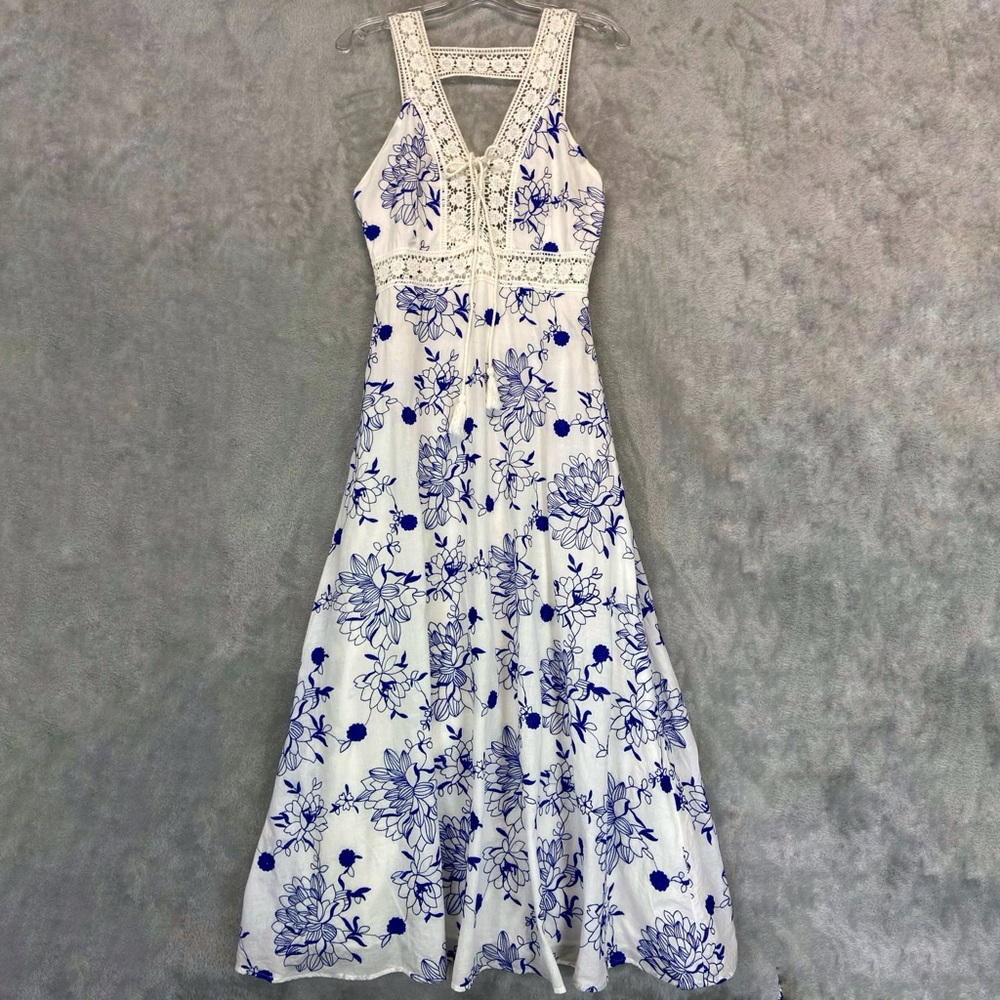 White Blue Floral Cotton Lace Embroidered Maxi Dress One Of A Kind